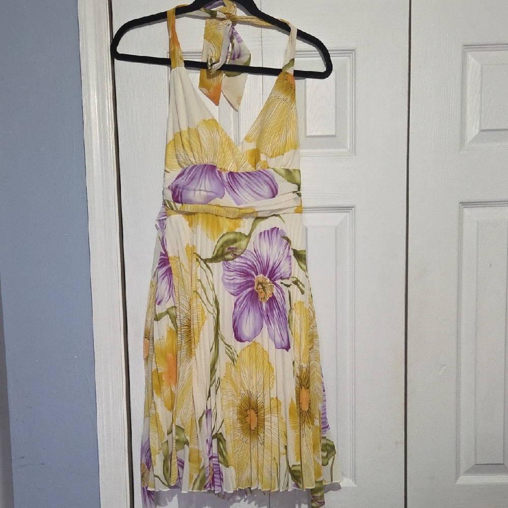 Ruby Rox Floral Halter Spring Lined  Dress with Yellow and Purple Flowers